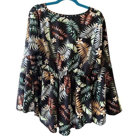 Shein Curve Womens 1XL Black Floral BellSleeve FauxWrap Top Tropical Lightweight - Picture 8 of 8